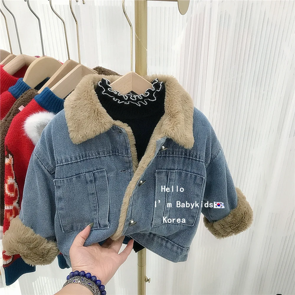 Girls Fleece Denim Coat Winter Extra Thick New Baby Lamb Fleece Warm Cotton-padded Jacket Children Korean Simple Style Clothes