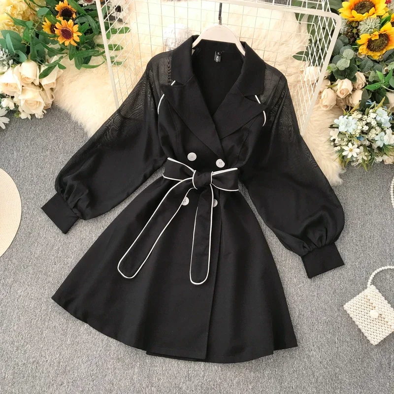 

Hot Sale New Spring and Autumn Women's Suit Collar Design Chiffon Stitching Dress Fashion Waist Belt Long Sleeve Dress