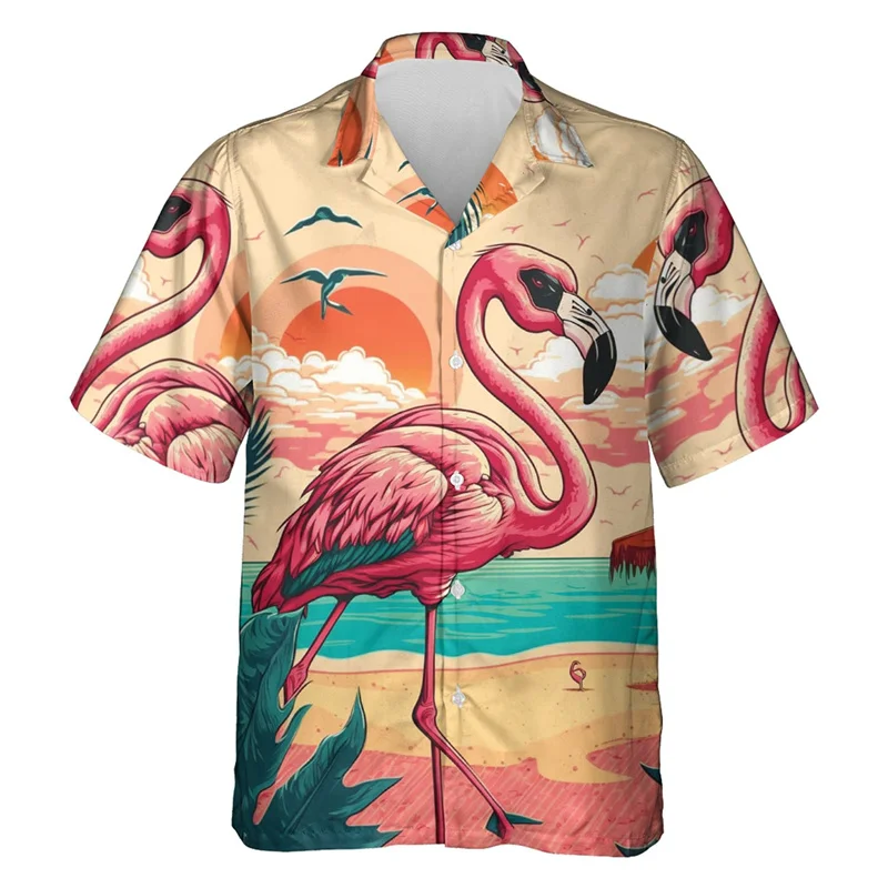 Hip Hop Hawaiian Flamingo 3D Printed Beach Shirt Aloha Animals Women's Short sleeved Fashion Button Top Y2k