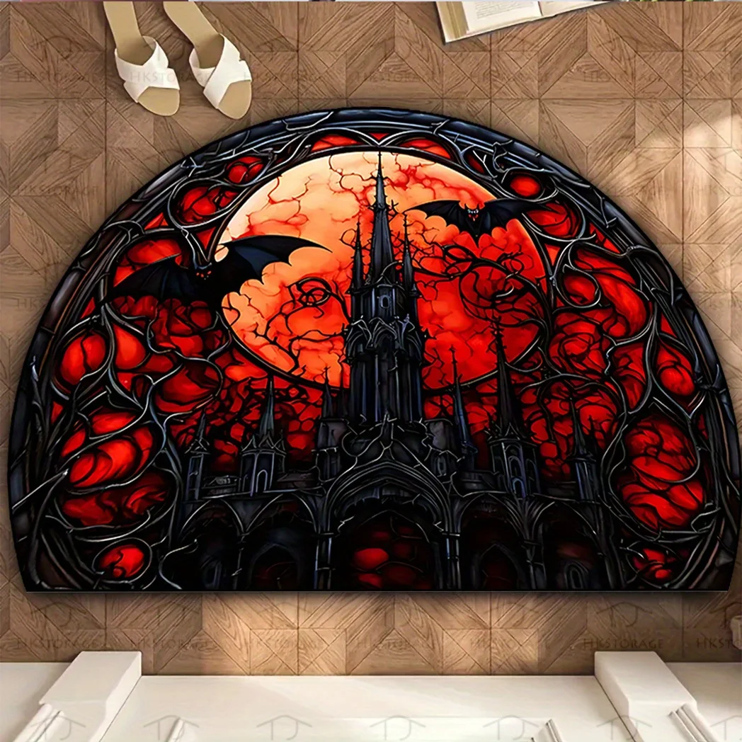 Gothic Vampire Half Round Doormat Red Moon Bat Castle Semicircle Carpet For Punk Rock Bedroom Front Door Welcome Floor Mat