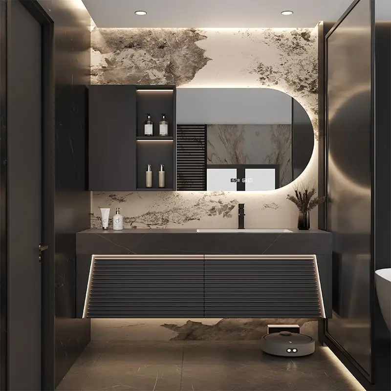 

Дубовый умный шкаф для ванной комнаты, комбинированная каменная плита, бесшовная керамическая встроенная раковина