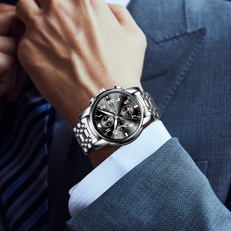 ساعة كرونوغراف كوارتز رياضية فاخرة للرجال ، فولاذ مقاوم للصدأ ، مقاومة للماء ، ساعة ذكر ، علامة تجارية مشهورة ، ذكر