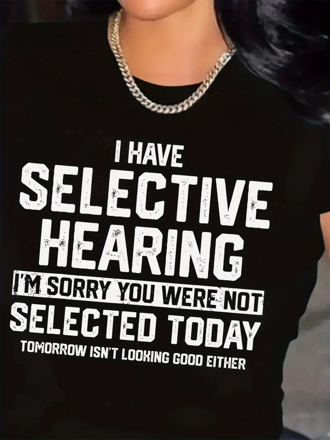 

Women's Plus Size Humorous Selective Hearing Graphic T-Shirt Soft Knit Casual Tee with Bold White Text Round Neck Short Sleeve