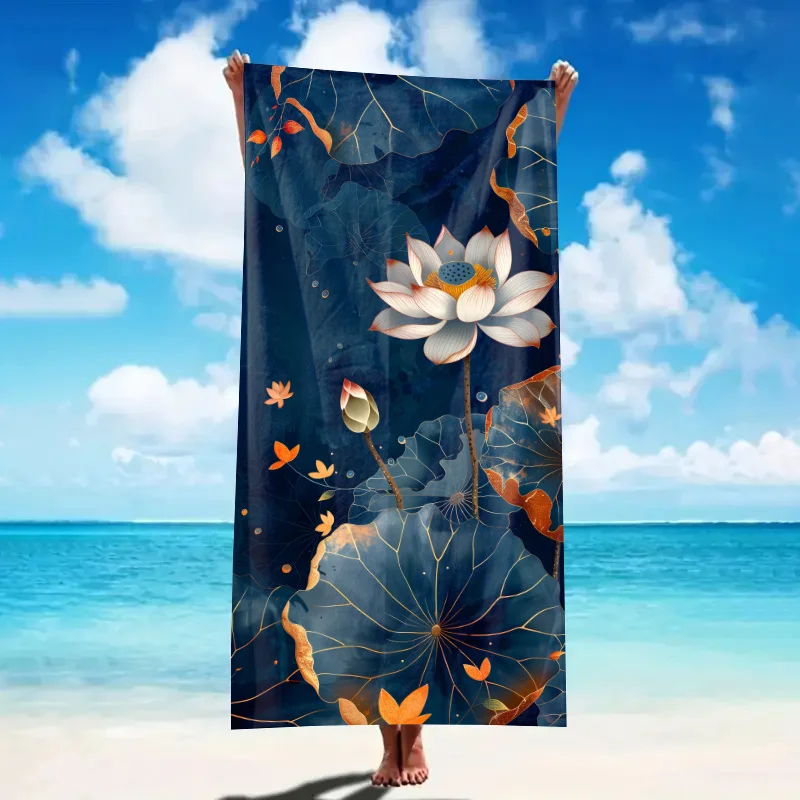 Golden embellished lotus pattern beach towel is suitable for summer beach swimming pool travel lightweight and machine washable