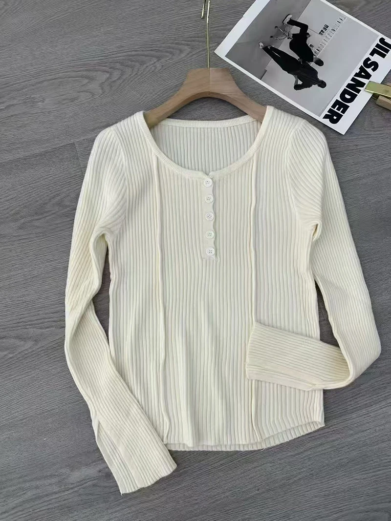 Women's Clothing Fashion All-match Solid Knit Pullovers Spring Summer Elegant Square Collar Chic Button Sweater Lady Vintage Top image 6