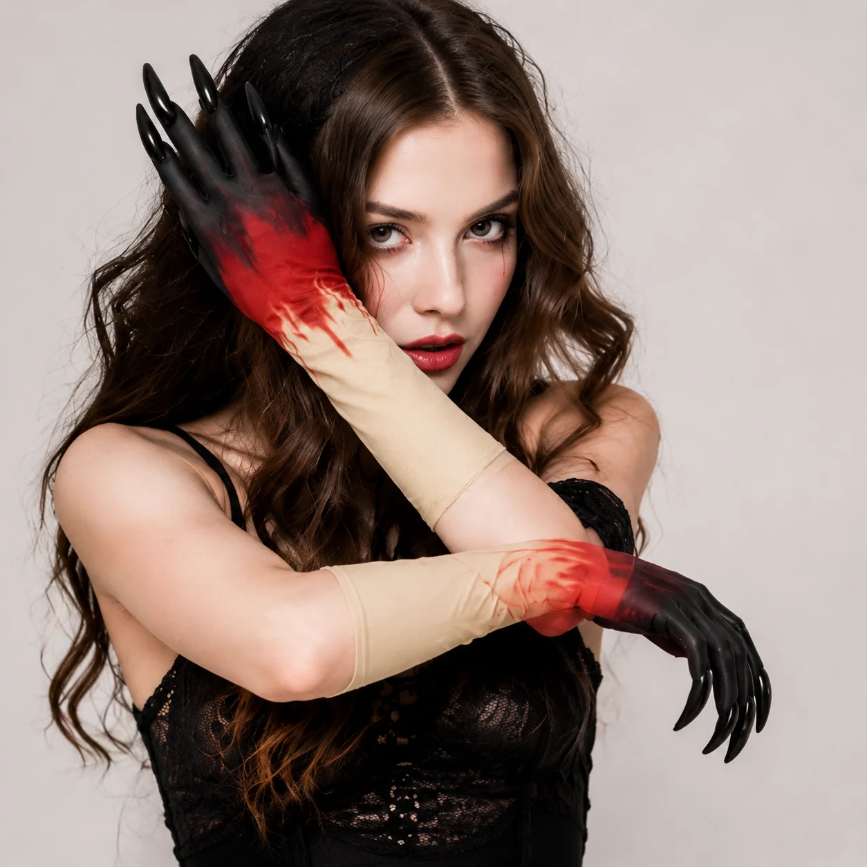 Horror Blood Print Long Sleeve Gloves With Sharp Claws Adult Halloween Masquerade Spooky Cosplay Costume Accessories Hand Props