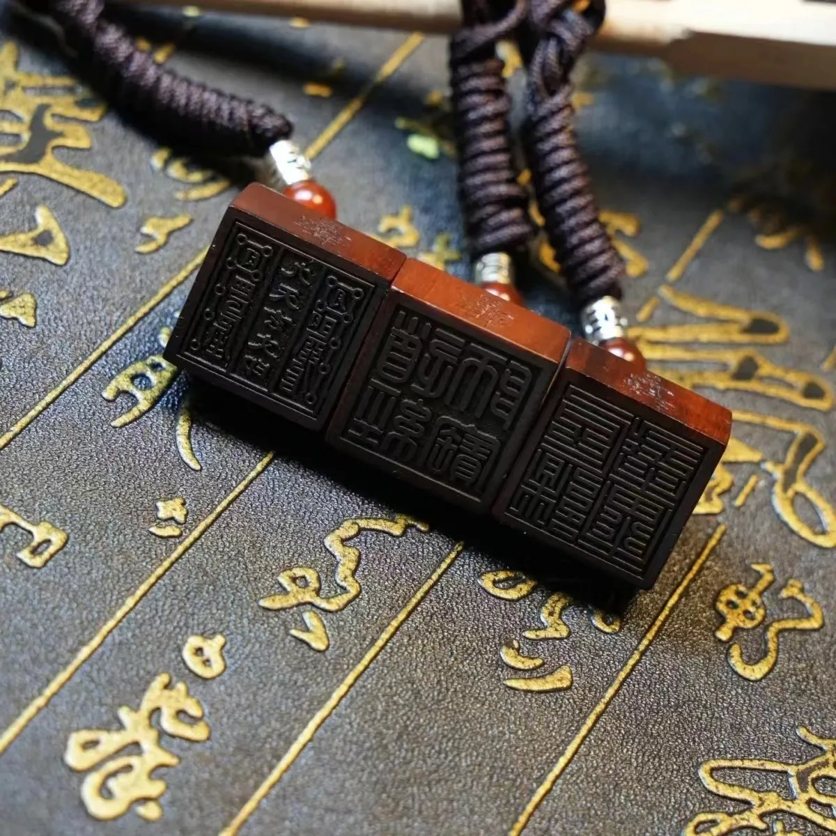 Chinese Style Natural Thunder Struck Jujube Wood Hand Carved Taoist Seal Pendant Lucky Blessing Wealth Attracting Amulet Necklac