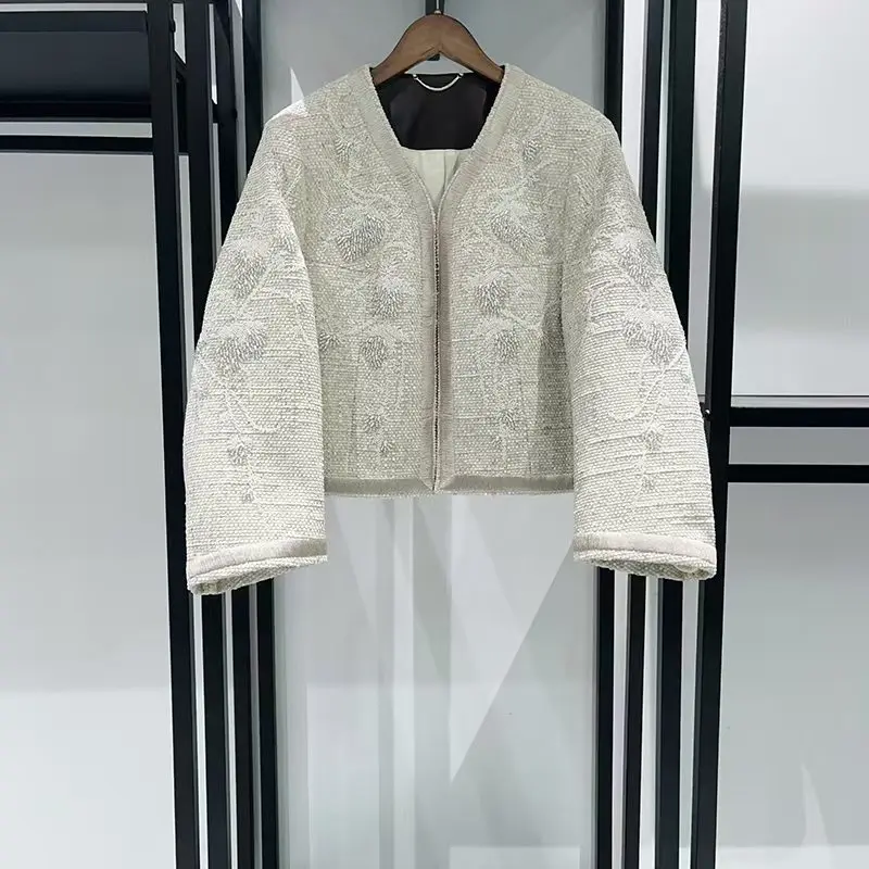 

Женская сверхпрочная короткая куртка с круглым вырезом и бисером, расшитая блестками, стильная и элегантная стеганая куртка на плечах, зимний топ, новое поступление,