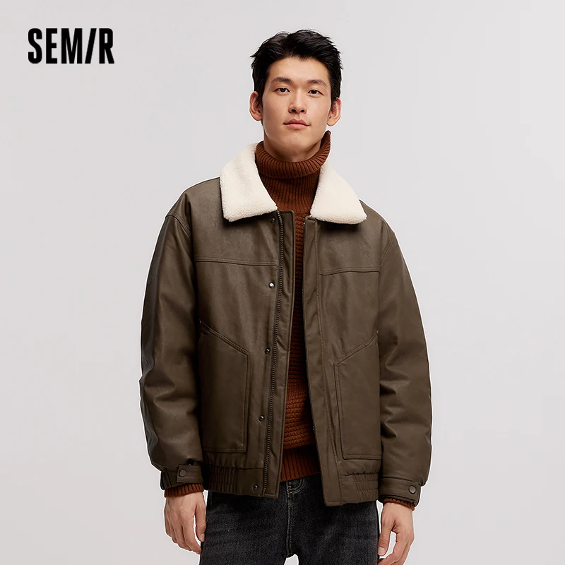 Semir Down Jacket Men 2024 Winter New Retro Imitation Leather Thin Short Jacket Contrast Patchwork Coat Fur Collar Down Jacket