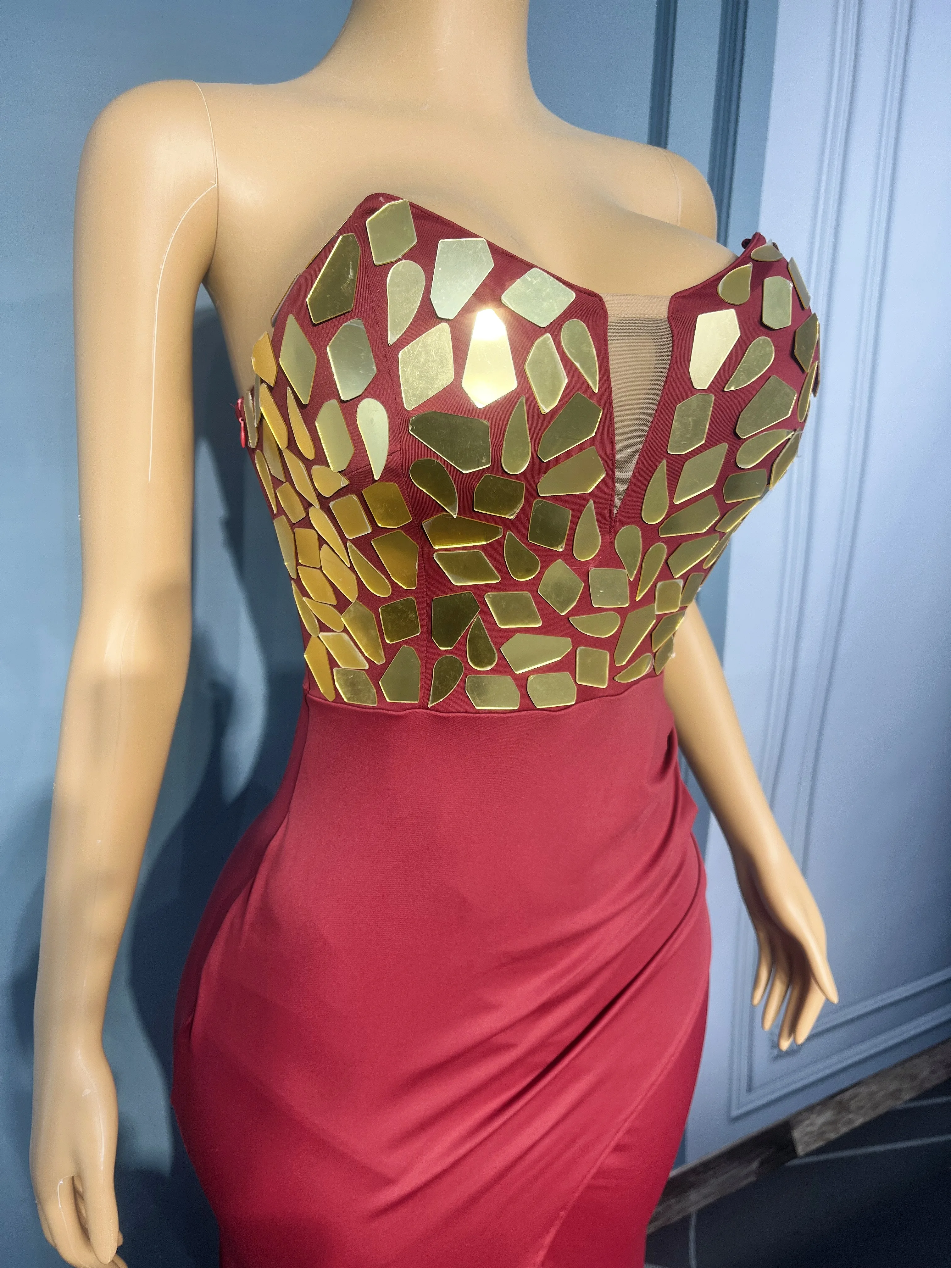 Nouveau haut de gamme brillant or miroirs haute fente Tube robe Cocktail fête de mariage robe de soirée tapis rouge spectacle tenue élégante LIjin