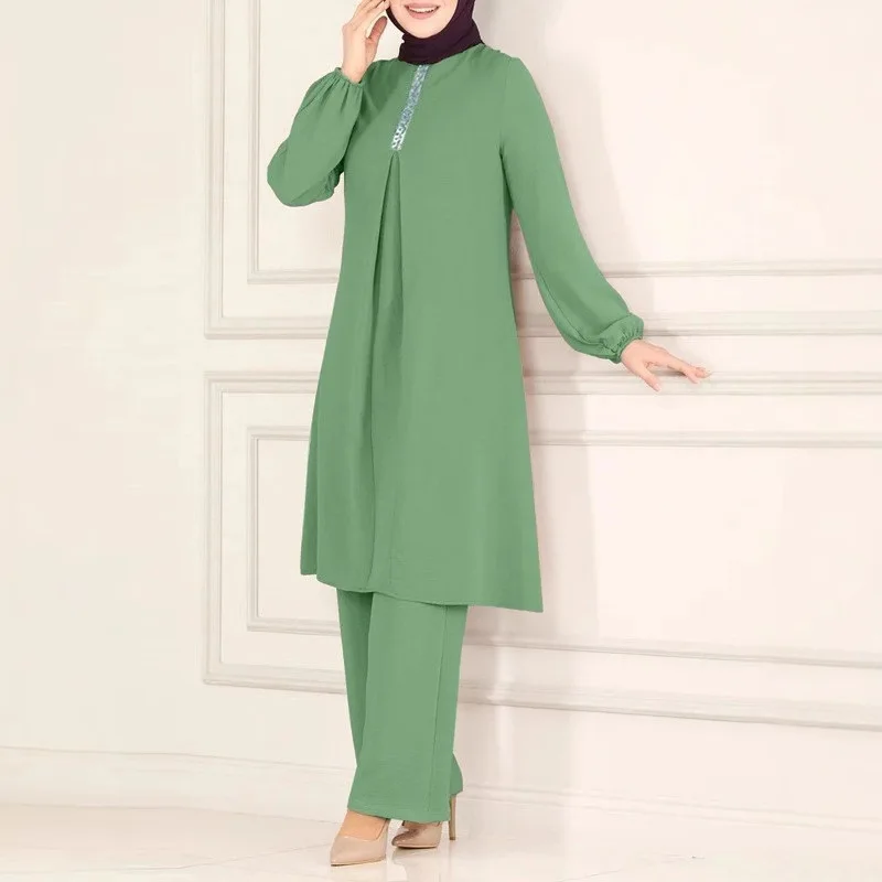 Muslim Eid Pant Sets Women Sequins Solid Round Neck Mid Length Shirt Ensemble Wide Leg Pants Ramadan Morocco Dubai Outfits 2026