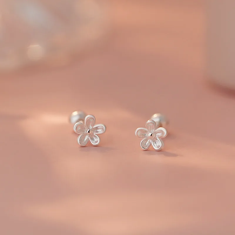 Real 925 Sterling Silver Tiny Flower Minimalist Screw Bead Stud Earrings for Charm Women Party Fine Jewelry Cute Accessories view 4