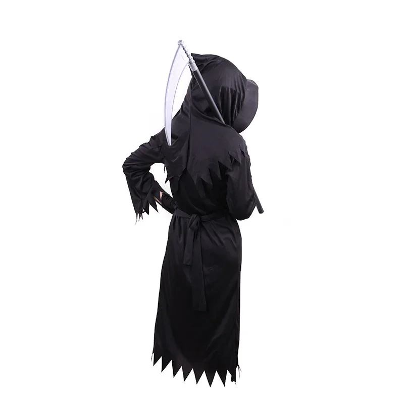 Bambino Horror Red Eye Grim Reaper Costume Scythe Devil Darkseid Ghost Cosplay Suit Halloween Hooded Party Dress guanti