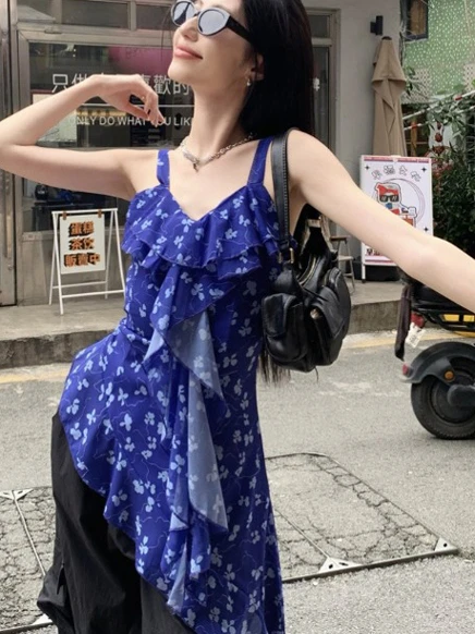 L-4XL Grote Maat Sexy Blauwe Print Zoete Ruches Jarretel Tops Zomer Koreaanse Elegante Meisjes Slanke Asymmetrische Mouwloos T-shirt