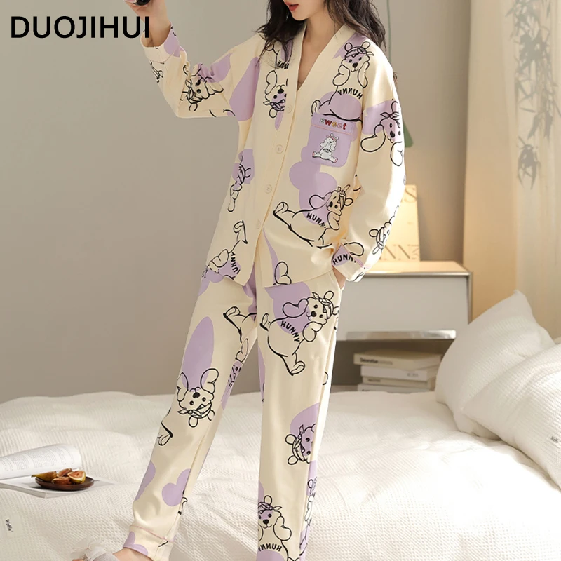 DUOJIHUI Chic with Chest Pad Casual Home Pajamas for Women Autumn New V-neck Cardigan Basic Pant Loose Simple Female Pajamas Set