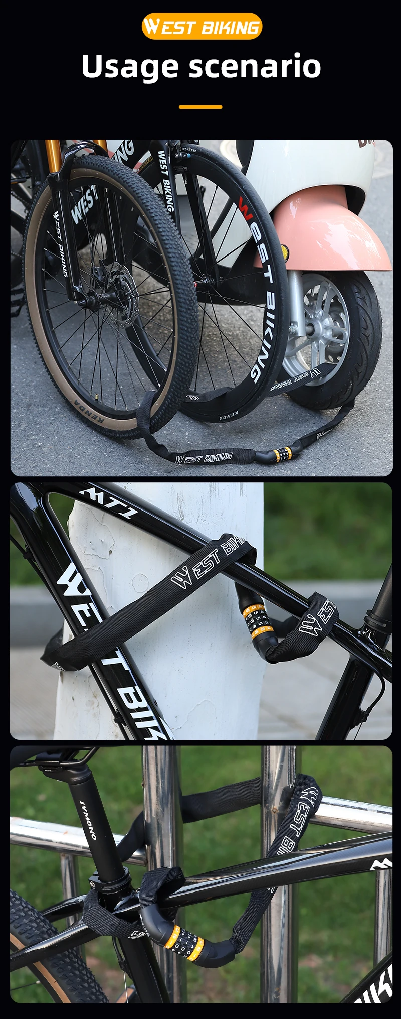 WEST BIKING Lokaler Versand Fahrradschloss 65-150CM Multilängen-Fahrradkettenschloss Motorrad E-Bike Fahrrad 5-stelliges Passwort Diebstahlsicherung Sicherheitsschloss – Detail 17