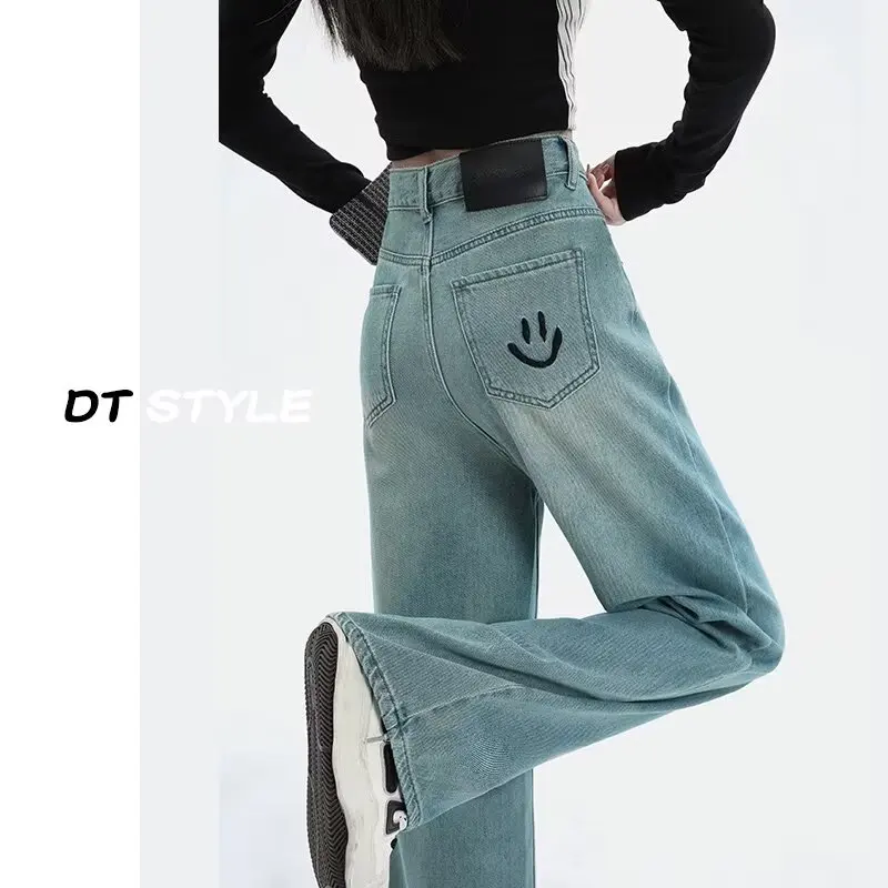 

Women Comfortable Denim Pants New Female Vintage Mid Waisted Jeans Pants Girls Smile Edition Straight Leg Jeans Trousers