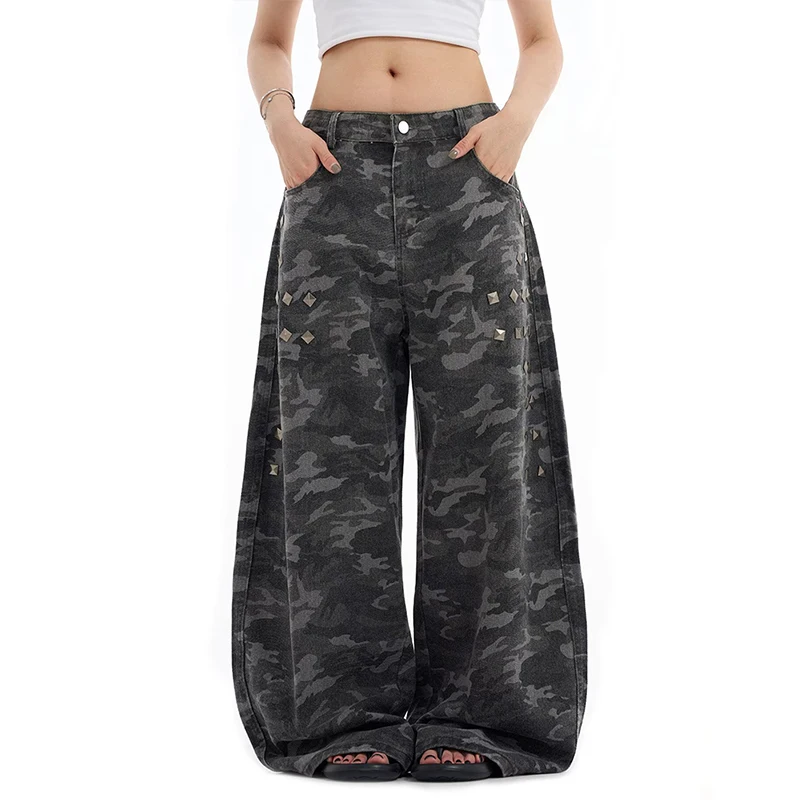 Women Y2k Baggy Rivet Jeans Harajuku Vintage Denim Trouser American 2000s Style Oversize Camouflage Jeans Pants Autumn