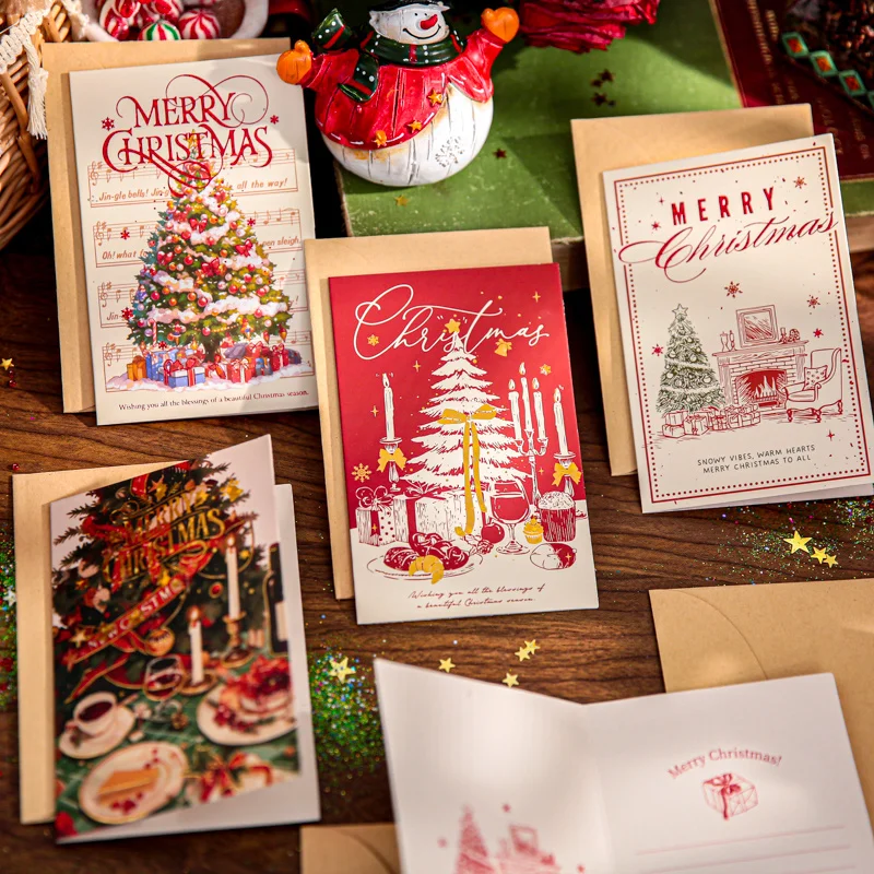 4pcs Rectangular Christmas Greeting Cards Candlelight Song Series Handmade Blessing Small Card Creative Practical Decor Gifts
