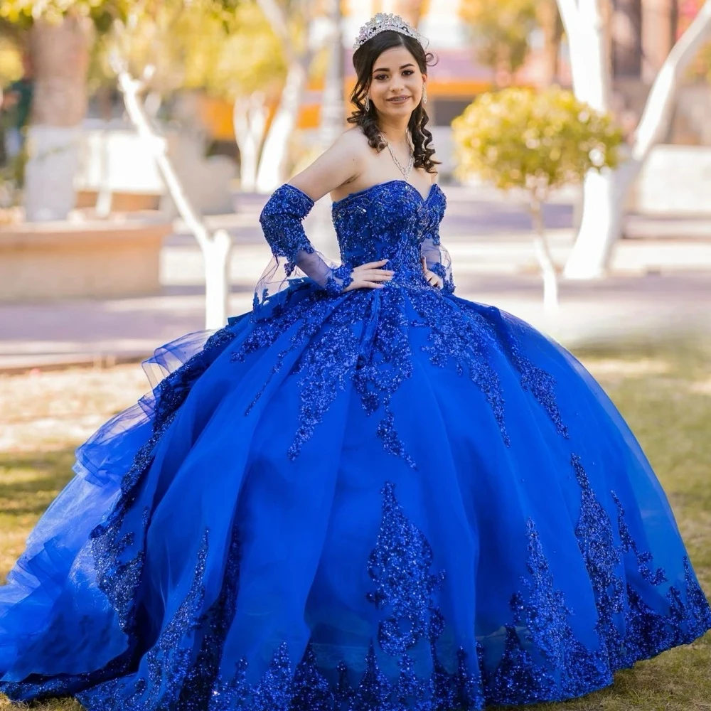 

Королевские синие платья Quinceanera с блестками по индивидуальному заказу, бальное платье, кружевная аппликация, бисер, оборки, корсет сзади, день рождения, сладкий 16