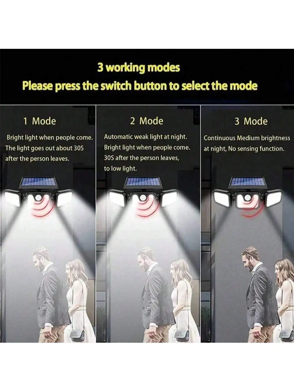 2025 ترقية أضواء الأمن الشمسية في الهواء الطلق 270 ° كشف الإنسان و3 رؤوس قابل للتعديل IP65 مقاوم للماء استشعار الحركة ضوء الفيضانات fo #5