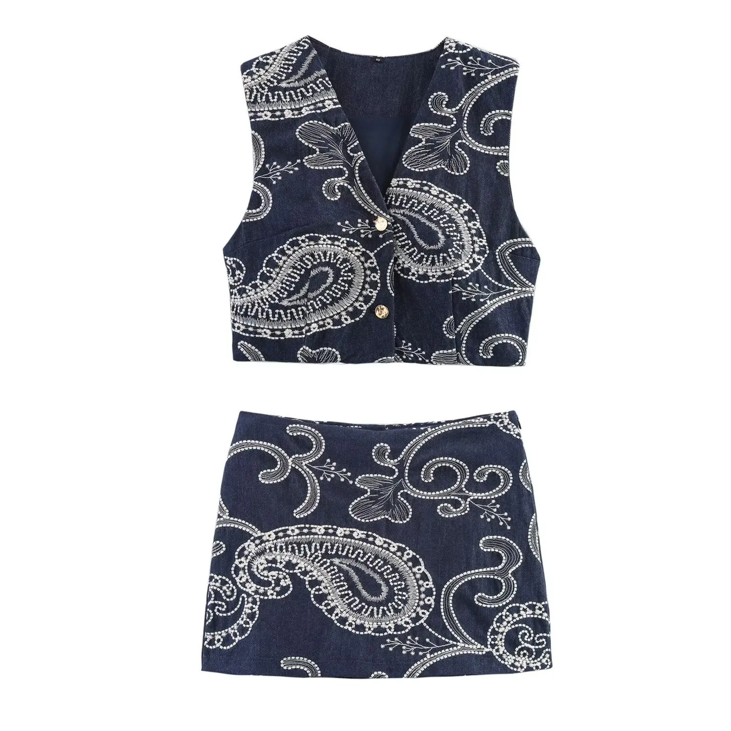 Elegant Vintage Embroidery Shorts Suit Women Sleeveless V-neck Vest Mini Shorts Skirt Fashion Summer Casual Holiday Short Skirt