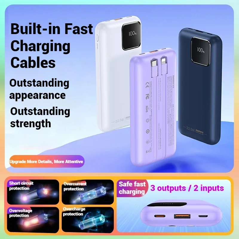 REMAX 20000mAh Power Bank แบบพกพาสําหรับ iPhone 16 15 Pro MAX Xiaomi Android Fast CHARGING PowerBank 10000mAh พร้อมสาย