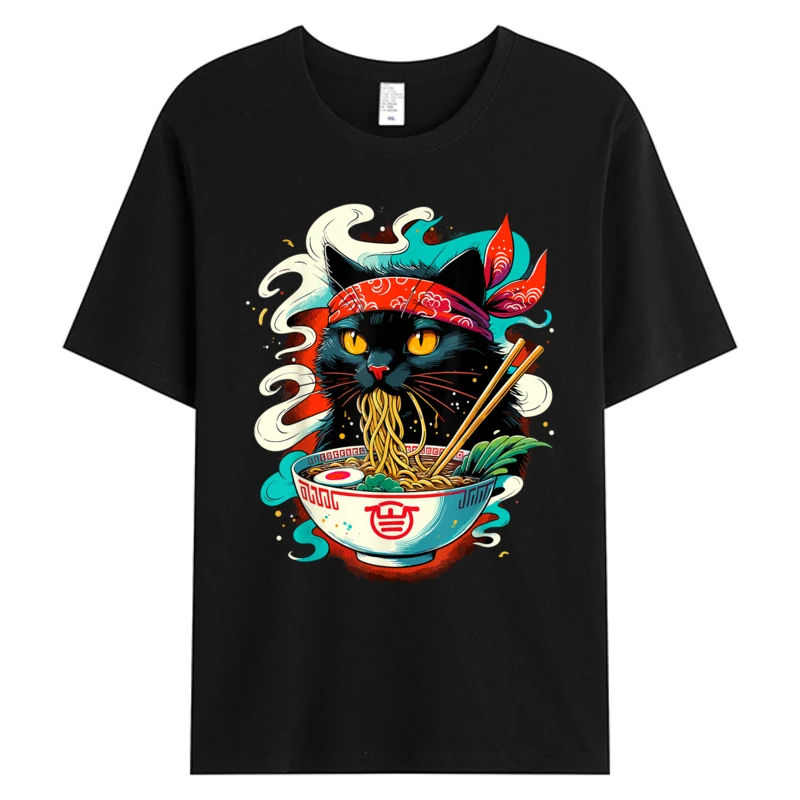 

Cat Ramen Noodle Japanese Anime Kawaii Cats T-shirt Men's Cotton Fabric Printed Tshirt Top Tees Man Clothes Casual Fit Discount