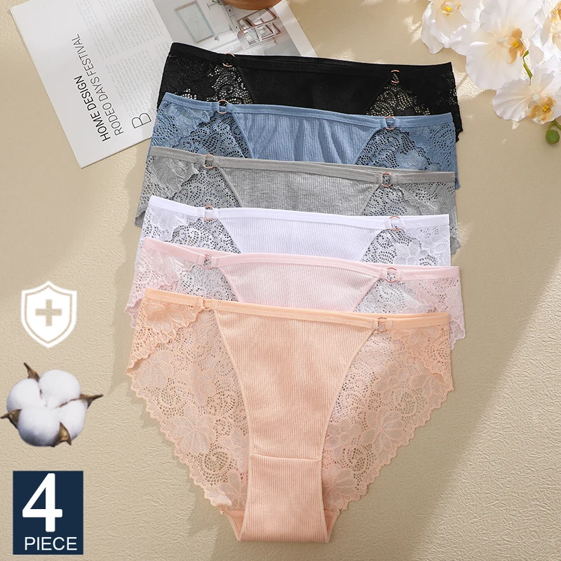 FINETOO 4Pcs Lace Transparents Briefs Sexy Cotton Panties For Women Hollow Out Pants Metal Button Underwear Cotton Crotch Brief 