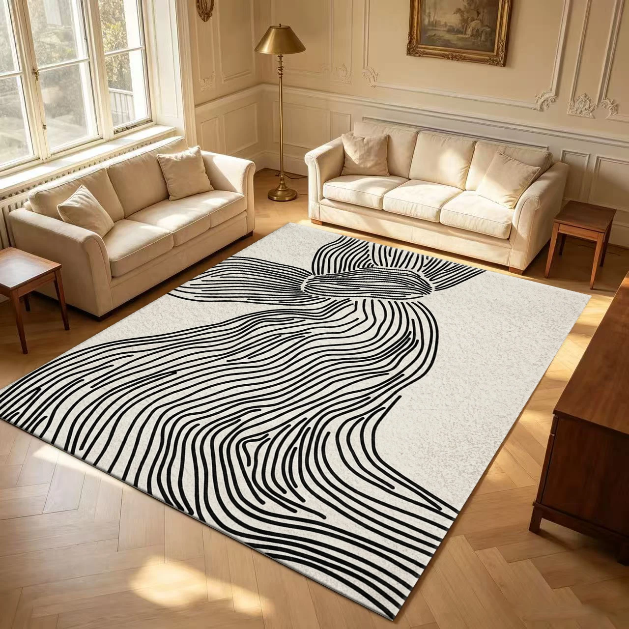 Minimalist Black Line Abstract Wave Area Rug Boho Textured Line Art Carpet Non Slip Washable Living Room Bedroom Floor Mat