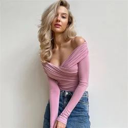 Fashion Solid Sexy Bodysuits Women Elegant Streetwear Long Sleeve Casual Slim Sheath Rompers Cross Folds T Shirts Tops Jumpsuit