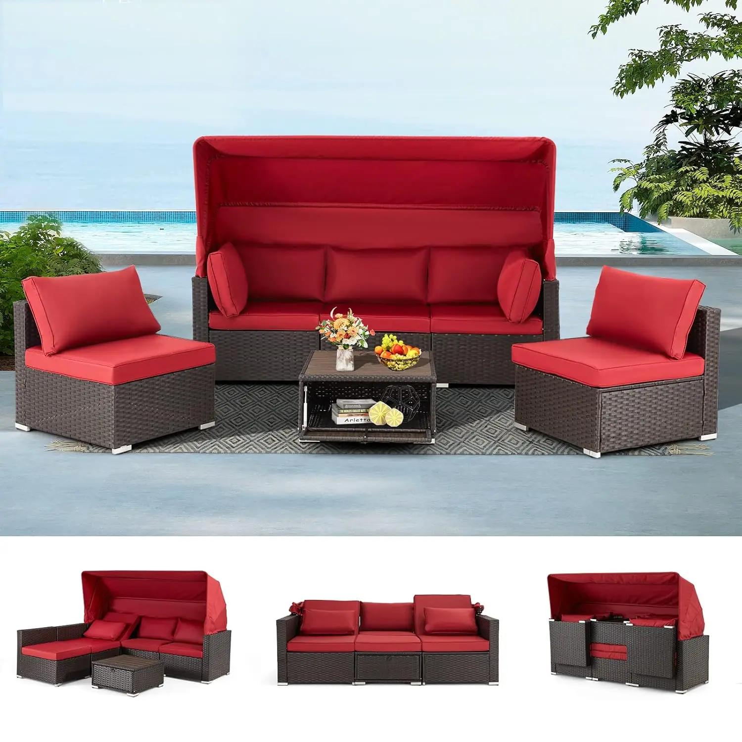 

6pcs Wicker Patio Set Adjustable Backrest Tea Table Outdoor Daybed Backyard Garden Poolside Customized