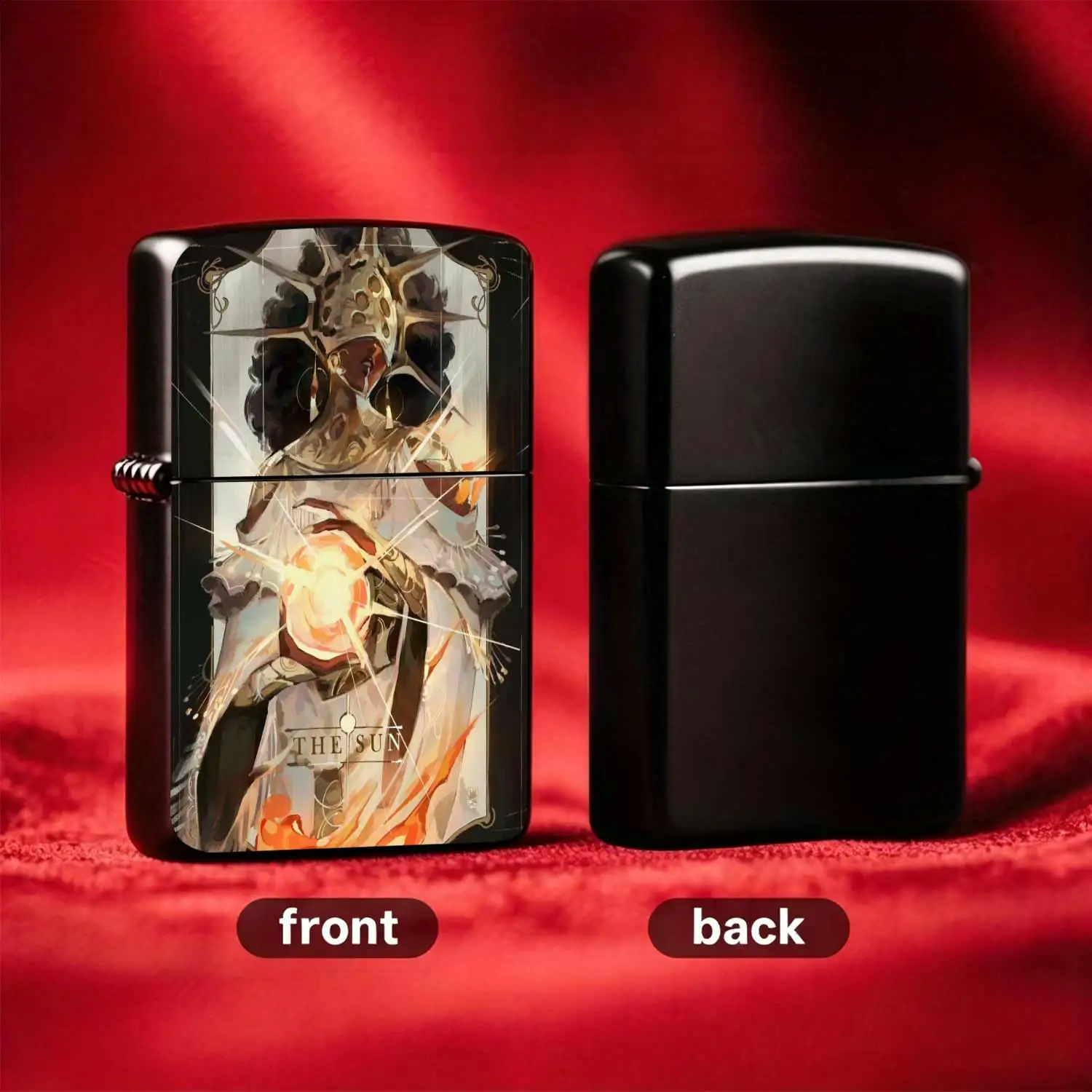 The Sun Tarot Themed Metal Windproof Lighter Reusable Flip-top Pocket Lighter With Creative Art Relief Design Stylish Trendy Portable Carry-on Lighter For Unique Texture and Ideal Gift-giving Choice Humorous and Fun Lighter