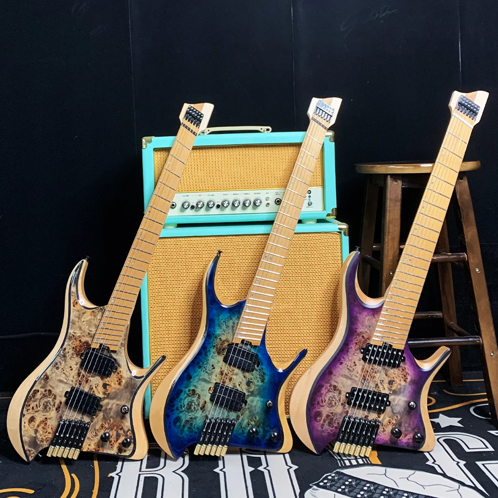 Headless 7‑String Solid Body Electric Guitar 24‑Frets Ash Body Multi‑Color Burl Top Modern Design Instrument For Music Lovers