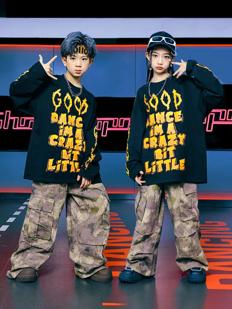 

Kid Hip Hop Clothing Black Letters Sweatshirt Camouflage Casual Pockets Tactical Cargo Pants for Girl Boy Dance Costume Clothes