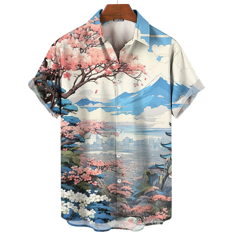 Hawaiian Shirts For Men Landscape Print Beach Short Sleeve Tops Blouse 2024 Oversized Shirt Mens Designer Clothes High Quality