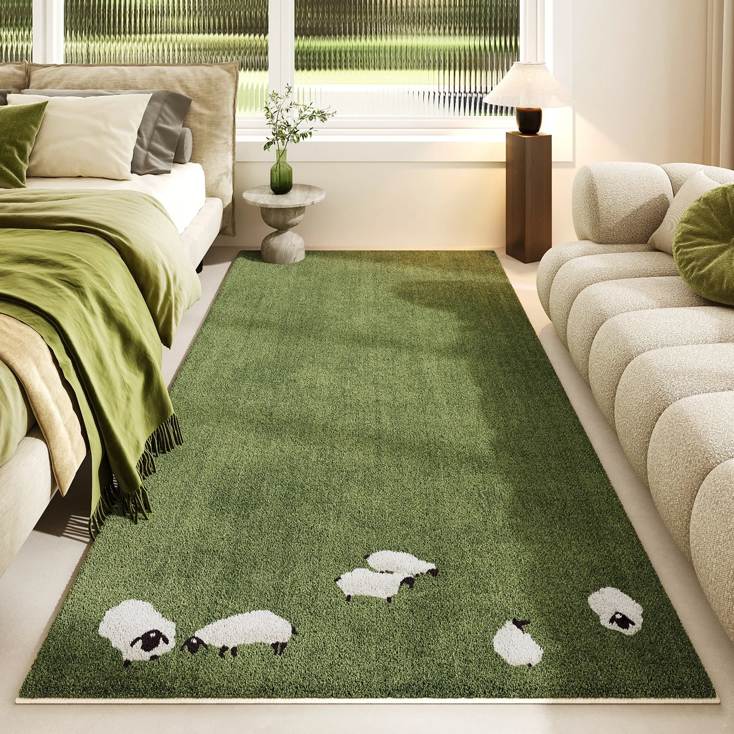 

Carpet for Bedroom Non-slip Soft Dirt-resistant Bedside Floor Mat Green Lamb Pattern Rug Long Size Room Layout Decoration Mats