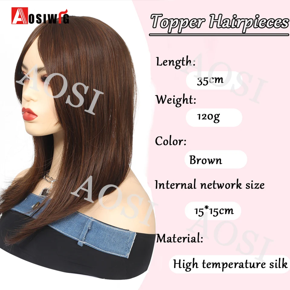 14 Inch Brown Black Hair Topper With Bangs Synthetic Long Straight 3 Clip for Thinning Hairensions For Women Cover White hair Ha