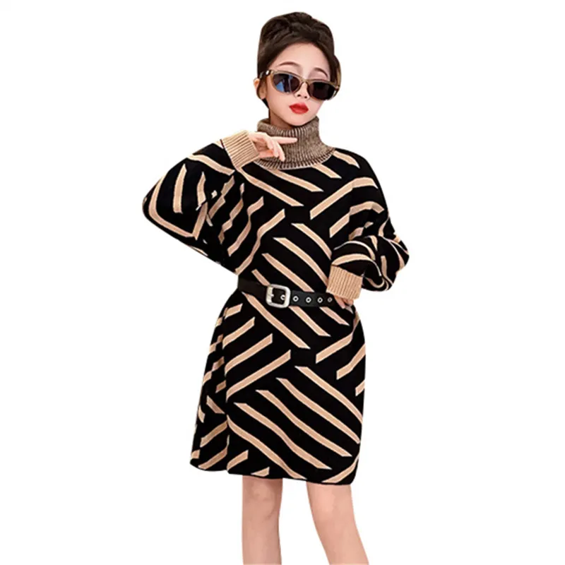 Korean Female Child Fashion Streetwear Belt Dress Kids Girl Elegant High Street Style Turtleneck Sweater Dress Cyberpunk Clothes