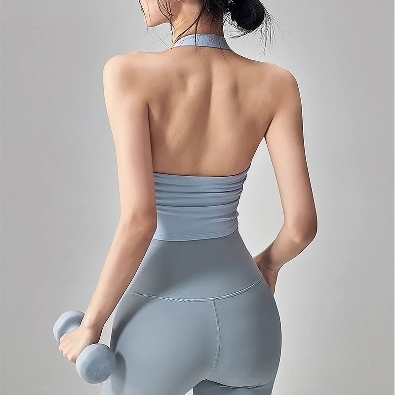 Women's Hanging Neck Sports Bra Shock-Absorbing Fitness Gathered Backless Yoga Vest for Running Training Pilates Sports Top image 2