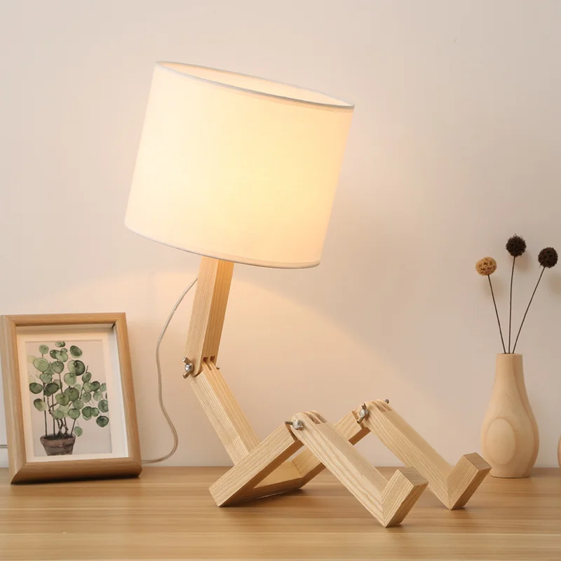 

Modern Robot Shape Wooden Table Lamp E14 Lamp Holder 110-240V Cloth Art Wood Desk Table Lamp Parlor Indoor Study Night Light