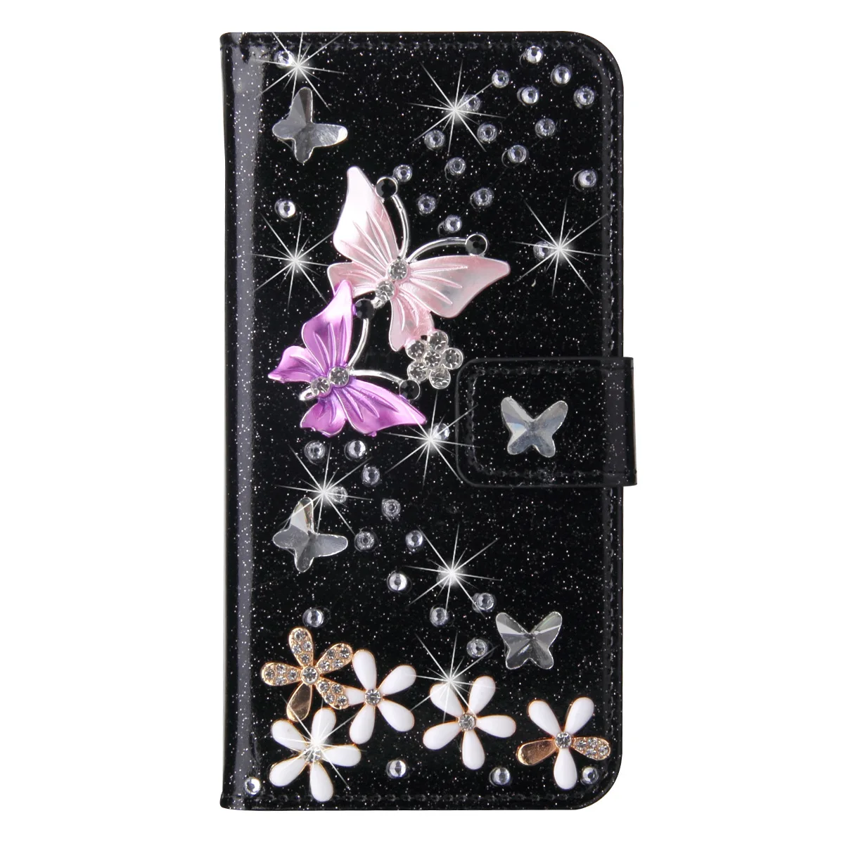 Bling Diamond Rhinestone Flower Case for iPhone 11 12 13 14 15 16 Pro Max XR XS 7 Case Black Leather Magnetic Flip Wallet Cover