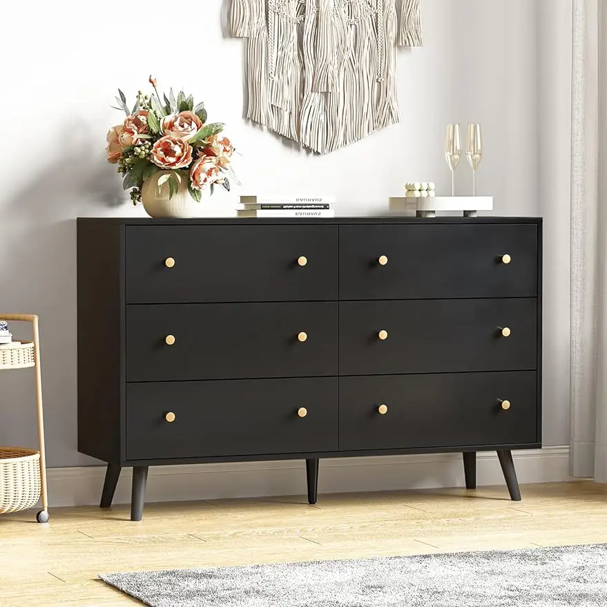 

Black/White/Rattan Dresser, Modern 6 Drawer Double Dressers, Wood Chest of Drawers for Bedroom Living Room, Hallway, Entryway