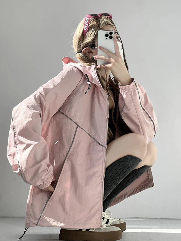 

Sweet Sister Outdoor Hiking Cam Loose Fit Women's Jaet Sun Protection Pure Color Workwear Fce Lined Hooded Coat