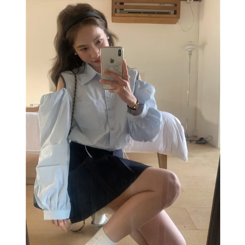 Salt Series Casual Shoulder Bared Long Sleeve Short Length Drawstring Women's Shirt Commute Style Loose Fit Pure Color  C...