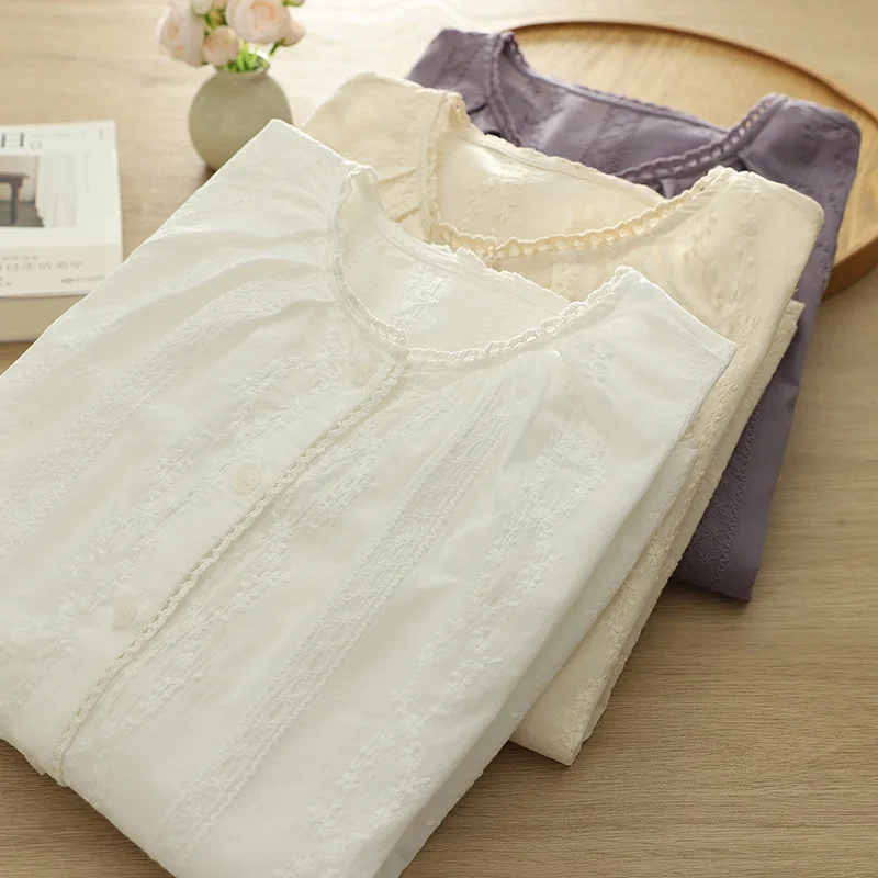 2025 Spring Japanese Mori Girl Embroidery Hollow Out Cotton Shirts Women Solid Color O-Neck Long Sleeve Casual Loose Blouse Tops