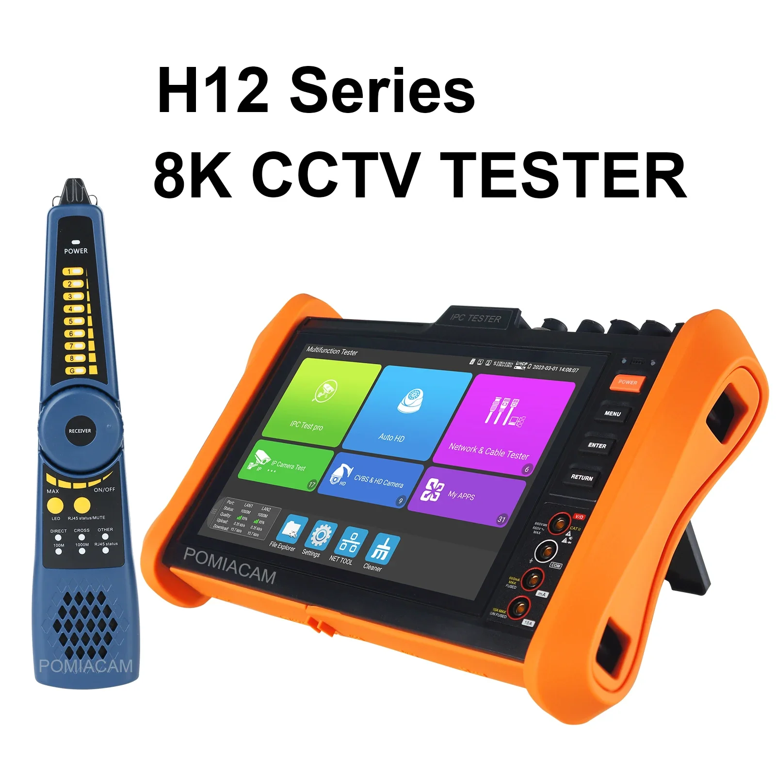 

H12 Series CCTV Tester 8''IPS touch screen 8MP CVI/TVI/AHD/SDI HDMI/VGA Input 8K H.265 IP Camera Tester Support POE++,SFP Module