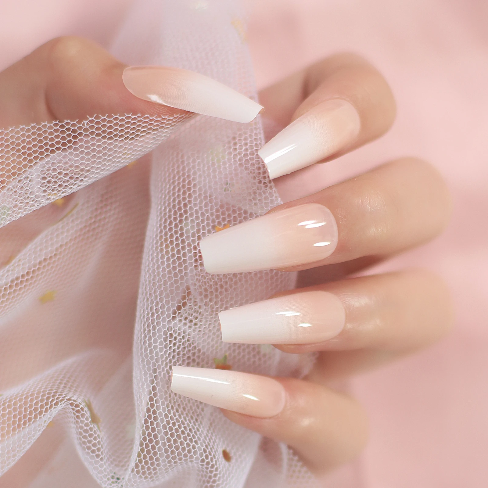 Natural Glossy Ombre Pink Nude White French Ballerina Coffin False Nail Gradient Press on Reusable Ballet Fake Nails Tips 