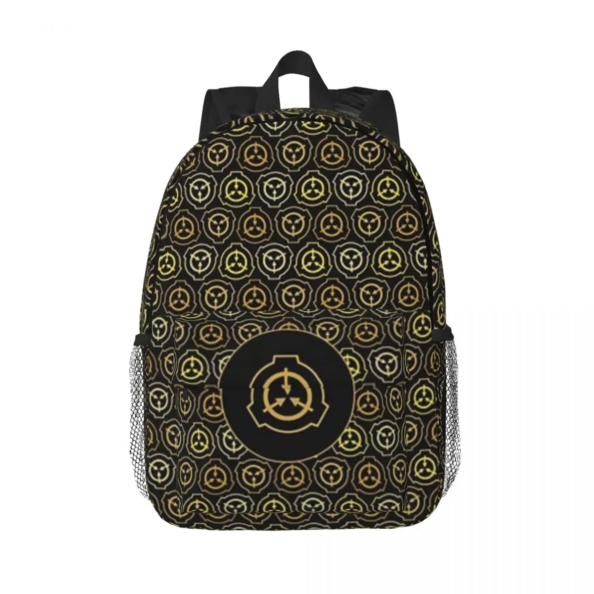 SCP Foundation Padrão de logotipo dourado novo padrão elegante bolsa escolar estampada mochila leve de 15 polegadas