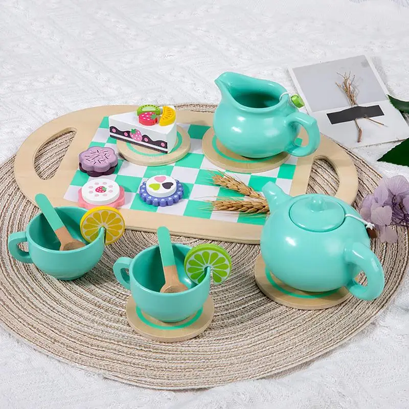 Juego de té para niños, juego de té de juguete, juego de rol, juego de cocina con tazas y cucharas, juguetes educativos, juego de té de madera